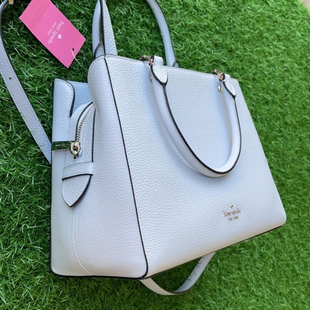 Kate Spade Leila Medium Triple Compartment Satchel Pebbled Leather Ocean Fog - Picture 5 of 16